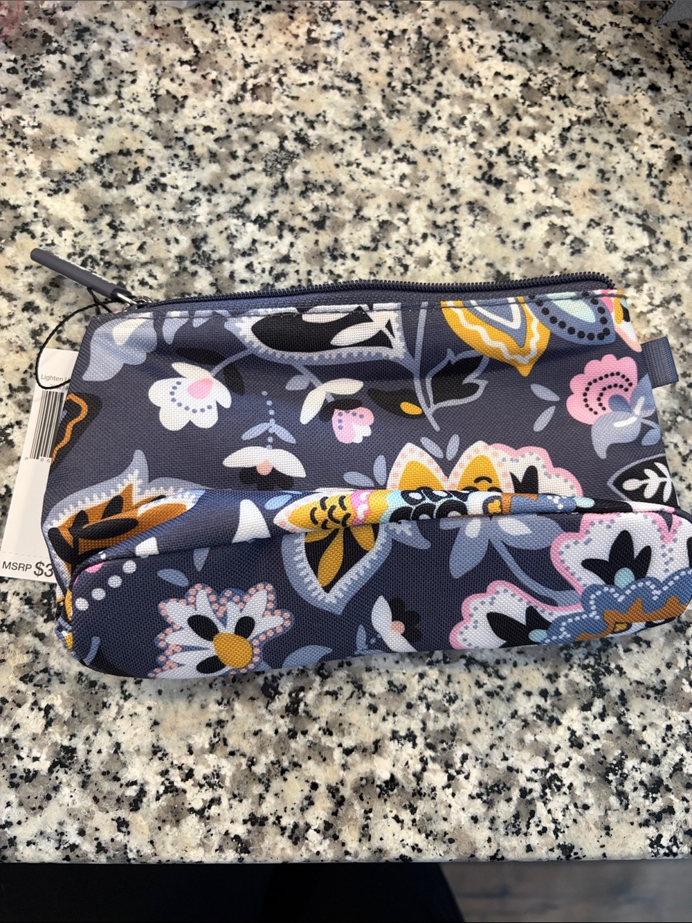 Vera Bradley Navy Floral Quilted Cosmetic Pouch with Mustard and Pink Accents - Picture 5 of 5